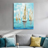 Abstract Seascape Canvas Wall Art - Hand Painted Textured White Sailboats in Ocean with Gold Foils Embellishment Artwork Painting for Living Room (30'' x 40'' x 1 Panel)