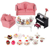 61 Pcs 1:12 Scale Dollhouse Sofa Accessories Set Dollhouse Food Miniature Dollhouse for Living Room Furniture Include Porcelain Tea Kits Mini Kitchen Food Tiny Piano for Doll Toy House (Red White)