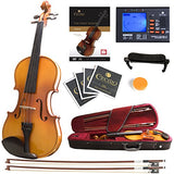 Mendini MV400 Ebony Fitted Solid Wood Violin with Tuner, Lesson Book, Hard Case, Shoulder Rest, Bow, Rosin, Extra Bridge and Strings - Size 4/4, (Full Size)