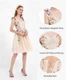 Floral Bloom Short Prom Dress for Juniors 3D Embroidered Spaghetti Strap Sweetheart Ruched Bust Cup Homecoming Skater Gowns Gowns (Ivory,US2)