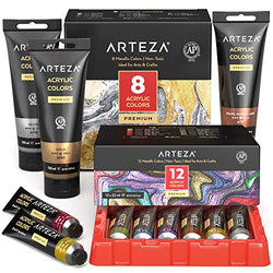 Arteza Metallic Acrylic Paint Set of 12 Colors with Metallic Acrylic Paint Set of 8, Painting Art Supplies for Artist, Hobby Painters & Beginners