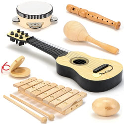 Wooden Musical Instruments for Kids Band Class Preschool School Learning Kids Musical Toys for Toddlers 1-3 Grade Toddler Music Set Maracas Guitar Xylophone Tambourine Chime Castanet Shaker Egg Flute