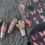 Butterfly Nail Art Stickers Decals 5D Butterfly Nail Stickers Acrylic Embossed Engraved Nail Decals Realistic Relief Pink Butterfly Adhesive Nail Art Supplies Sliders for Women Girls Nail Decorations