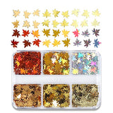 6 Grids 3D Fall Glitter Maple Leaf Nail Sequins Fall Nail Art Stickers Decals Holographic Autumn Glitter Gold Yellow Red Orange Thanksgiving Nail Decals Charms Confetti Glitter Nail Art Decorations