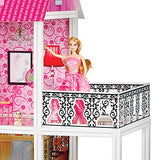 BETTINA 39'' Large Plastic & Hard Cardboard Doll House with Sofas, Bicycle,Vanity, Big Playhouse Set with Dollhouse Furniture, Pink