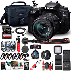 Canon EOS 90D DSLR Camera with 18-135mm Lens (3616C016) + 64GB Memory Card + Case + Corel Photo Software + 2 x LPE6 Battery + External Charger + Card Reader + LED Light + Filter Kit + More (Renewed)