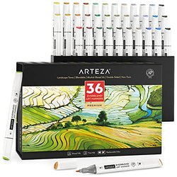 Arteza Alcohol Art Markers, Set of 36 Colors, Landscape Tones, Medium Chisel & Fine Tip, Art Supplies for Drawing & Sketching