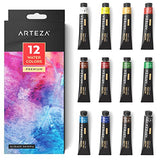 ARTEZA Watercolor Paint, Set of 12 Colors/Tubes (12x12ml/0.74oz) with Storage Box, Rich Pigments,