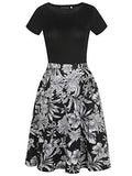 oxiuly Women's Vintage Patchwork Pockets Puffy Swing Casual Party Dress OX262 (L, Black White FPT)