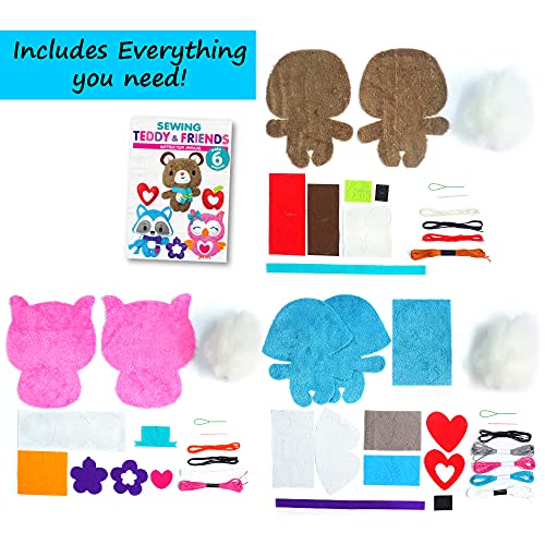  KRAFUN Sewing Kit for Kids Age 7 8 9 10 11 12 Beginner My First  Art & Craft, Includes 3 Stuffed Animal Dolls Teddy, Raccoon and Owl,  Instructions & Plush Felt