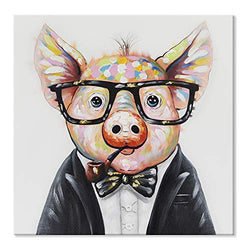 SEVEN WALL ARTS-- Cute Smart Pig Art with Glasses Painting Hand Painted Colorful Animal Piggy Canvas Artwork with Stretched Ready to Hang for Home Decor 32 x 32 Inch
