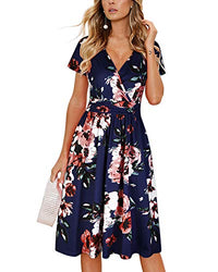 OUGES Women's Summer Short Sleeve V-Neck Pattern Knee Length Dress with Pockets Summer Dress 2023(Floral02,M)
