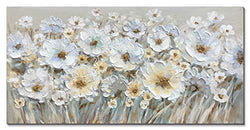 Sofoney - White Bloosom Flowers Field Picture Canvas Wall Art with Hand-painted Modern Large Home Decor Colorful Floral Painting for Living Room Bedroom, Ready To Hang (48x24inch)