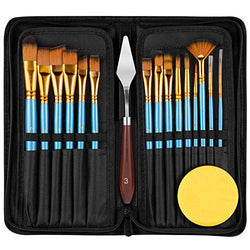 15PC Paint Brush for Acrylic Painting, Professional Craft Paint Brushes Set for Oil Watercolor Gouache Painting, Assorted Detail Brushes +1 Palette Knife +1 Sponge and 1 Organizer for Kids and Adult