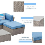 SUNBURY Outdoor Sectional 7-Piece Wicker Sofa in Pearl Gray, w 4 Stripe Pillows, Denim Blue Cushions Elegant Patio Furniture Chair and Table Set for Backyard Garden Porch