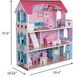 Pidoko Kids Wooden Dollhouse - 12 Pcs Furniture Accessories