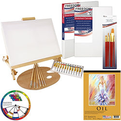 U.S. Art Supply 35-Piece Oil Painting Table Easel Set with, Oil Paint Colors, 11"x14" Stretched