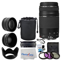 Canon EF 75-300mm f/4-5.6 III Lens + Wide Angle Lens & 2x Telephoto Lens + 3 Piece Filter Kit + Lens Pouch + Tulip Lens Hood + Lens Band + 5 Piece Cleaning Kit + Cleaning Cloth - Lens Accessory Bundle