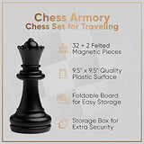 Chess Armory Travel Chess Set 9.5" x 9.5"- Mini Chess Set for Kids with Folding Magnetic Chess Board Storage Box, & 2 Extra Queen Pieces - Portable Chess Set Board Game