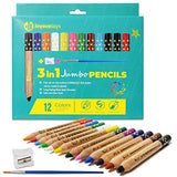 JoyousJays 3-in-1 Jumbo Colored Pencils For Kids (Ages 3+) - 12-Color Pack - Non Toxic and Washable - Wax Crayon and Watercolor, Coloring Pencils Set for Toddlers with Brush and Sharpener