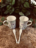 Lightahead Elegant Bone China Two Coffee Tea Mugs with Two Spoons set in Romantic Lavender Flower