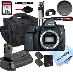 Canon EOS 6D Mark II DSLR Camera (Body Only) + Power Battery Grip, 32GB SD Card, Case, Tripod, and More (14pc Bundle)