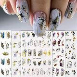 9 Sheets Flower Nail Art Stickers Decals Spring Butterfly 3D Self-Adhesive Nail Decals Gold Foil Line Designs Nail Decorations Hollow Out Leaf Nail Supplies DIY Nail Accessories for Women Girls