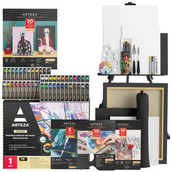 Arteza Acrylic Paint Kit, Portable Art Set with Easel, Carrying Case, 10 Brushes, 2 Stretched Canvases, 48 Acrylic Paint Tubes, Art Supplies for Aspiring Artists and Holiday Gift Giving