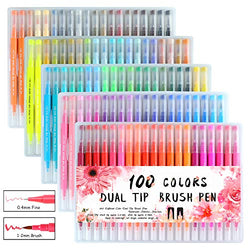 100 Colors Art Markers Dual Tip Brush Pens with Fineliner Tip 0.4mm and Brush Tip 1-2mm Double Tip Pens Set for Adult Coloring Books, Bullet Journal, Calligraphy, Drawing