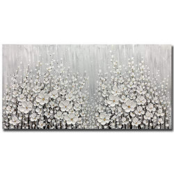 V-inspire Art, 24x48 Inch Hand Painted 3D White Flowers Wall Art Abstract Canvas Oil Paintings Wall Decorations for Living room Dining room Bedroom Artwork for Home Walls