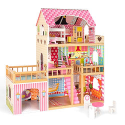 LA FEIER 3-Story Wooden Dollhouse for Kid Large Doll House with 4 Rooms Included Kitchen, Living Room, Bedroom, Balcony, Parking spot, and 7 Pieces Solid Wood Furniture, Gift for Girl Age 3+