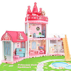 Princess Castle Dollhouse with 4 Large Dream House Rooms and Doll Toy Figures, Furniture, Portable Plastic Toddler Doll Houses Christmas Birthday Gifts for Kids 4 5 6 7 8 Year Old Girls - XpdStart