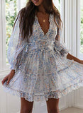 Dokotoo Womens Sun Casual V Neckline Long Sleeve Open Back Floral Print Mini Dress Bohemian Fashion Skater A Line Ruffle Hem Swing Dresses White Small