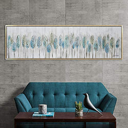 Oakland Living Hand Painted Acrylic Blue Feathers on a 71 x 20 Rectangular Gold Wooden Frame Canvas Wall Art, Large