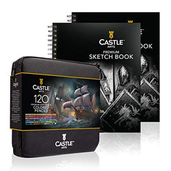 Castle Art Supplies 120 Piece Colored Pencil Zip-Up Set + 2 Sketch Books Artist Bundle