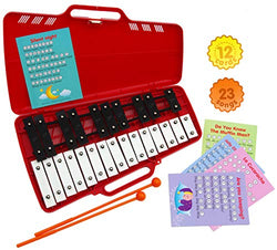 Xylophone 25 Note Chromatic Glockenspiel in a Red Plastic Case - Card Sets with 23 Letter-Coded Songs