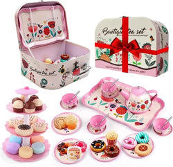 Toy Tea Set for Little Girls, 53Pcs Tea Party Set Toys for Kids Girls Pretend Play Snack Toy, Toddler Afternoon Tea Sets Gifts Toys with Carrying Case and Food Sweet Treats Dessert Playset for Girls