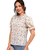 Romwe Women's Elegant Floral Ruffle Puff Short Sleeve Mock Neck Blouse Tops White#4 Small