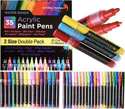 35 Premium Acrylic Paint Pens, Double Pack of Both Extra Fine and Medium Tip, for Rock Painting, Mug, Ceramic, Glass, and Fabric Painting, Water Based Non-Toxic and No Odor