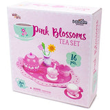 Imagination Generation Pink Blossoms Tea Time Set for Two – Wood Eats! Tea Party Playset with Tea Cups, Kettles, Saucers, Spoons, Flowers, & Floral Tray – Play Food Accessories (16pcs.)