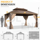 YOLENY 12' X 16‘ Hardtop Gazebo Galvanized Steel Outdoor Gazebo Aluminum Frame with Netting and CurtainsCanopy Double Roof Pergolas for Garden,Patio,Lawns,Parties