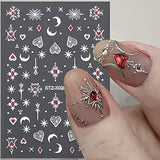 6 Sheets Star Moon Nail Art Stickers Decals 3D Self-Adhesive Silver White Nail Stickers Fish Bone Sun Geometry Nail Art Supplies Laser Heart Nail Art Design Decals for Women Acrylic Nails Decorations