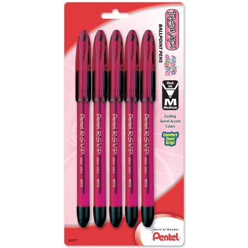 Pentel Pink BCA R.S.V.P. Razzle-Dazzle, 1.0mm, Medium Line, Black Ink, 5 Pack (BK91RDBP5P)