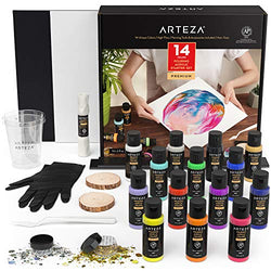 Arteza Acrylic Pouring Paint Set Includes 14 Pouring Acrylic Colors, 2 Wood Slices, 2 Measuring Cups, Gold & Silver Holographic Glitter Jars, Canvas, Gloves, & Palette Knife, Art Supplies for Pouring