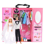 SOTOGO Doll Closet Wardrobe Set for 11.5 Inch Girl Boy Doll Clothes and Accessories Storage Include 12 Set Doll Clothes/Casual Wear/Dress/Wedding Dress, Shoes, Bags, Necklace, Hangers, Trunk, Wardrobe