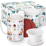 The Tea Couple Tea Infuser Mug (Set of 2) 14 oz. Vintage Porcelain Tea Cups w/Ultra-Fine Mesh for Steeping - 2 Heat-Resistant, Non-Slip Drink Coasters - Reusable Home & Office Drinkware (FREEDOM)