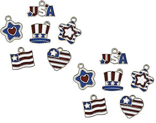 Patriotic Flag Enamel Charms Set (12 Qty) Star Heart USA Uncle Sam 4th of July