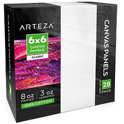 Arteza 6x6” White Blank Canvas Panels Boards, Bulk Pack of 28, Primed, 100% Cotton for Acrylic