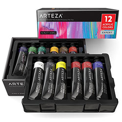 ARTEZA Expert Acrylic Paint, Set of 12 Colors/Tubes (75ml/2.53 oz.) with Storage Box, Heavy Body,