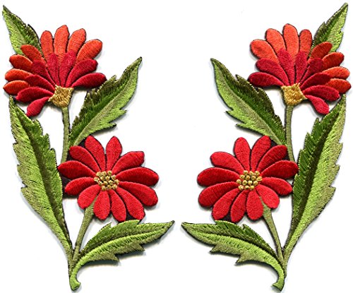 Red orange daisies pair flowers floral bouquet boho embroidered appliques iron-on patches new